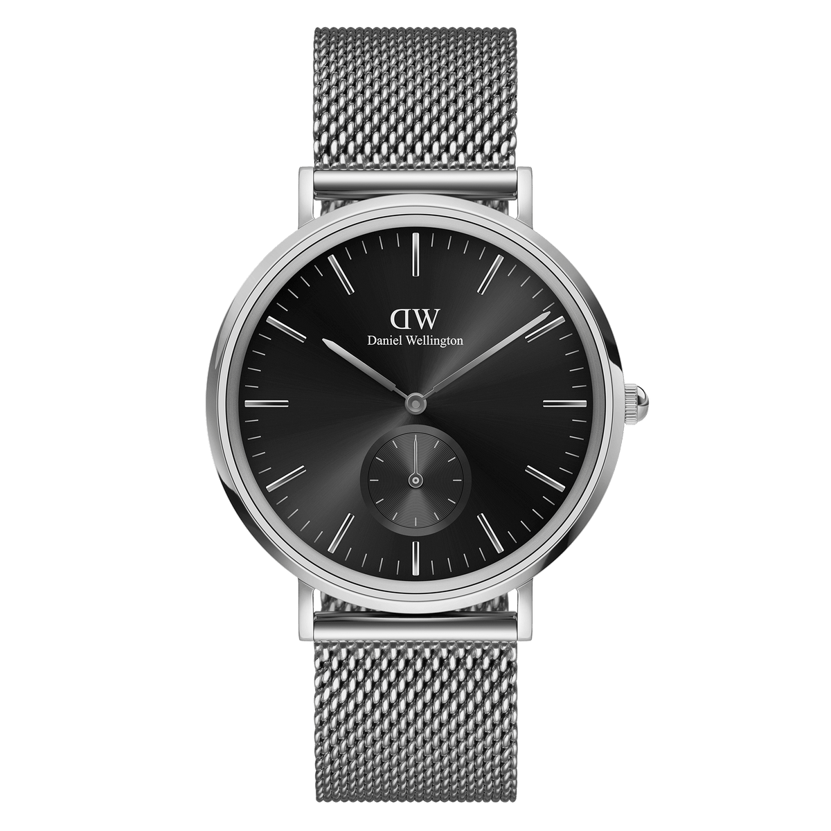 Classic Multi-Eye Sterling Onyx men's watch with a 40mm black dial, minimalist face, silver mesh strap, and seconds subdial, featuring a polished stainless steel case and adjustable band.