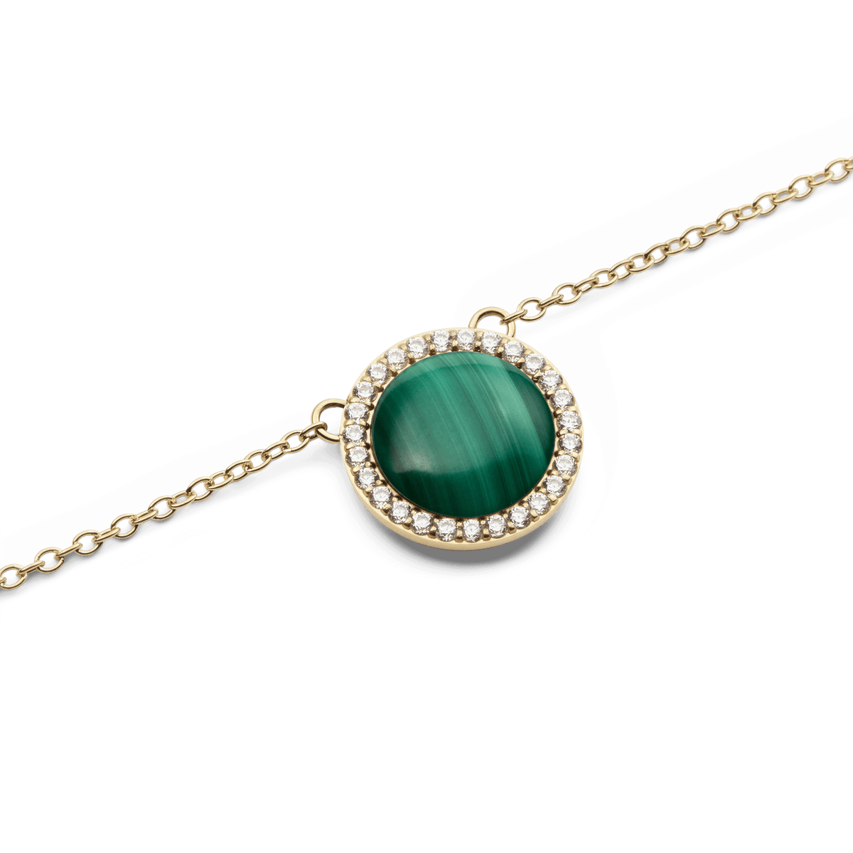Close-up of the Audrey Necklace Malachite Gold pendant, showcasing a round green malachite stone set in a polished gold frame and surrounded by a halo of sparkling white cubic zirconia crystals on a fine gold chain.