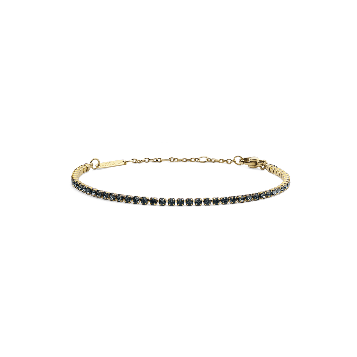 Classic Tennis Bracelet Nightfall Gold featuring a slim gold band set with deep-coloured Preciosa crystals, adjustable chain and lobster clasp, designed for a refined and elegant look.