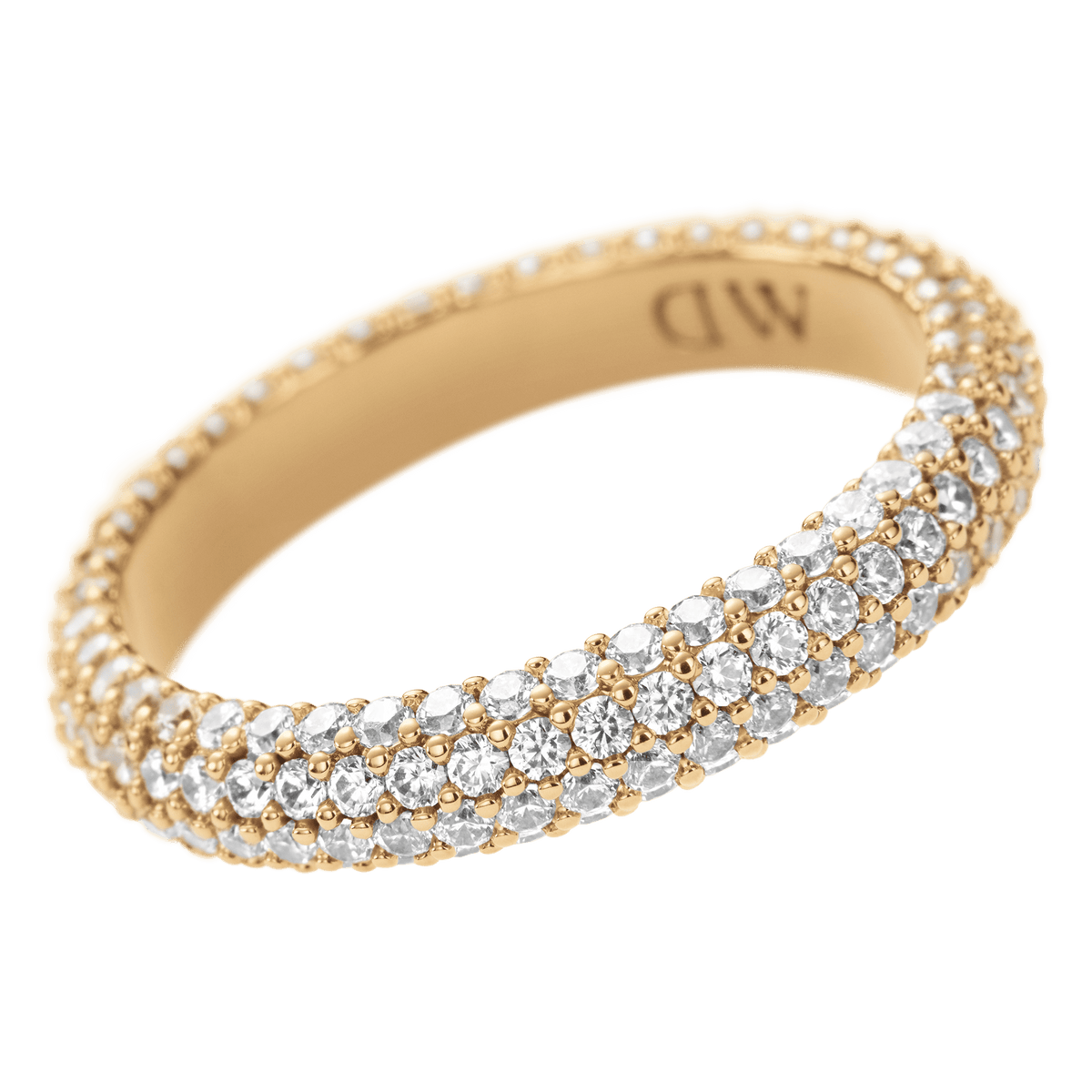 Elegant Pavé Crystal Ring Gold with a gold plated brass band, featuring three rows of closely set cubic zirconia crystals for a refined and sparkling finish.