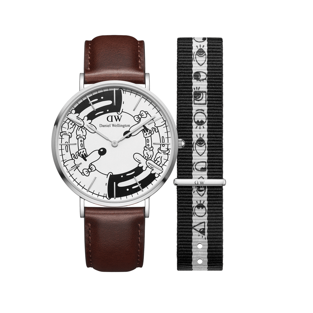 Limited edition Steven Harrington x Daniel Wellington watch set featuring a brown leather strap, silver case, and illustrated black and white dial, paired with an interchangeable black and white NATO strap with eye-print motif.