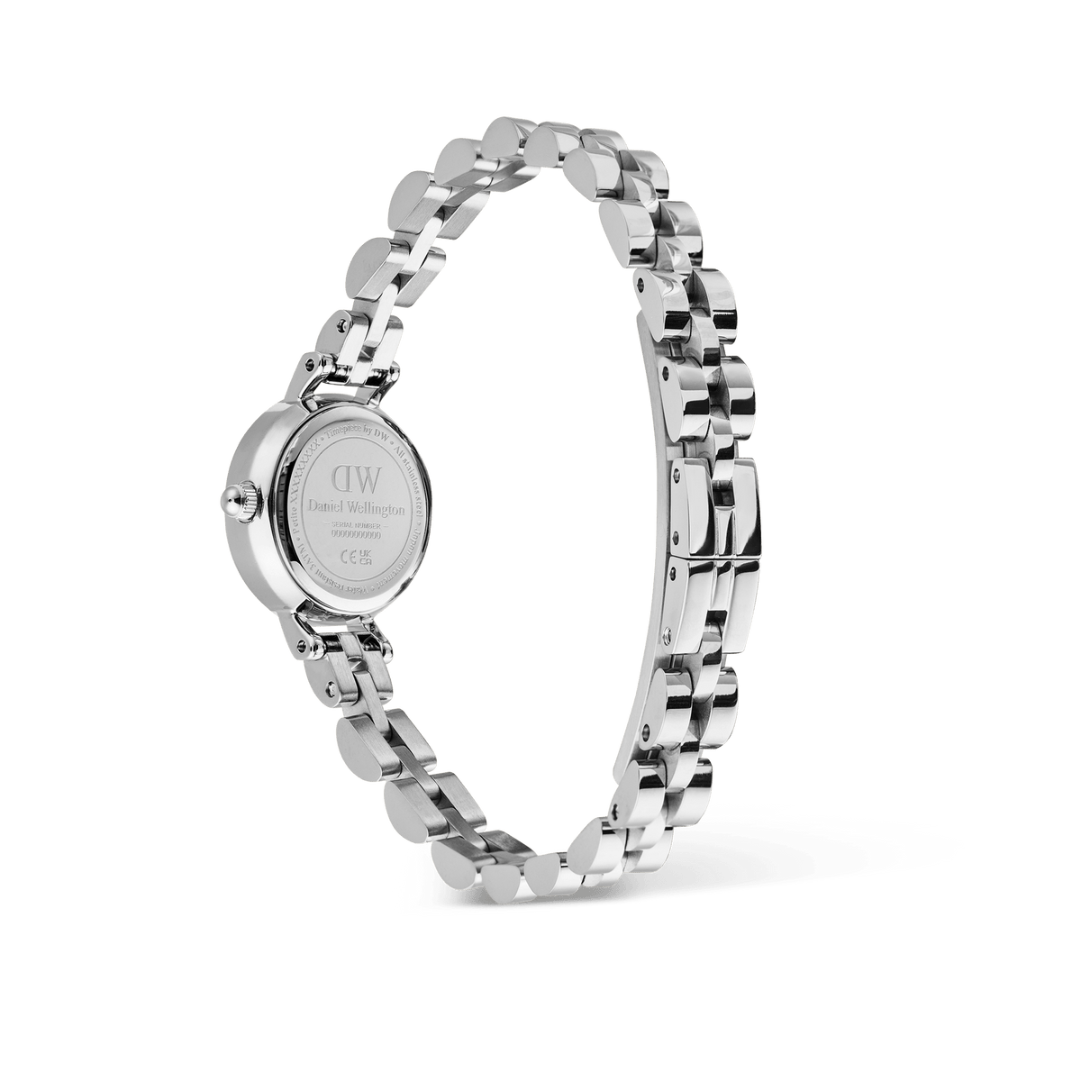 Rear view of the Petite Mini Arch 3-link White Silver watch showing the engraved case back and polished stainless steel three-link bracelet with a buttonless butterfly clasp.