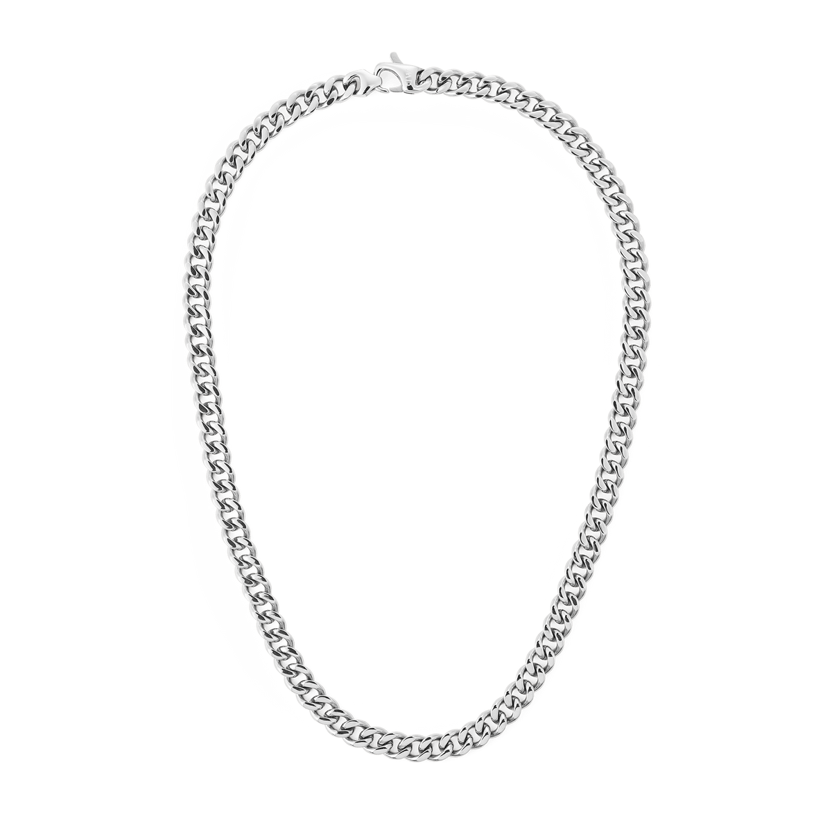Ellipse Cuban Chain Necklace Silver featuring chunky, polished silver links in a classic Cuban chain design with a secure lobster clasp, crafted from 316L stainless steel.
