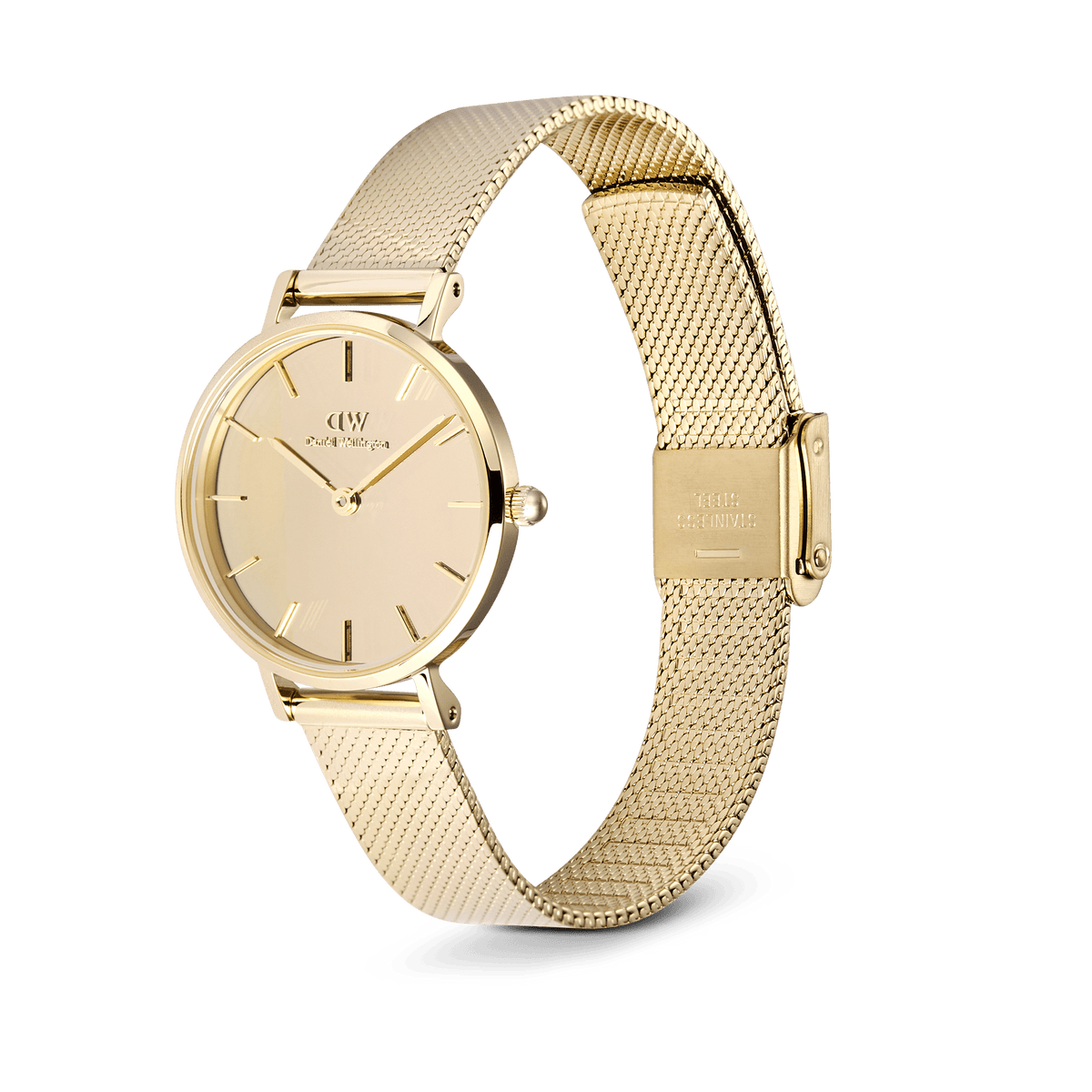 Daniel Wellington Petite Reflection Gold watch with a 28mm gold mirror dial, polished gold mesh strap, and adjustable clasp, shown in a side profile to highlight its minimalist design and refined finish.