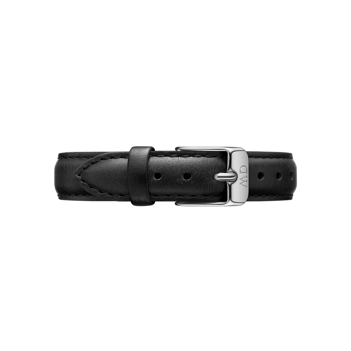 Sheffield Strap Silver replacement watch strap in black genuine leather with a polished silver buckle, detailed stitching and a slim, comfortable profile.