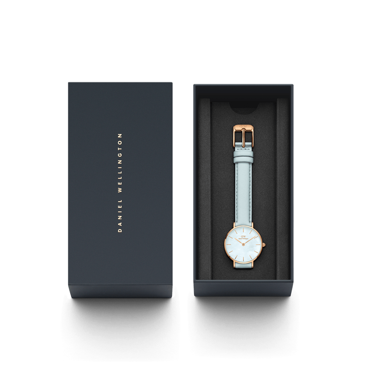 Petite Bluebell ladies watch with a pastel blue leather strap and rose gold case, presented in a sleek Daniel Wellington gift box.