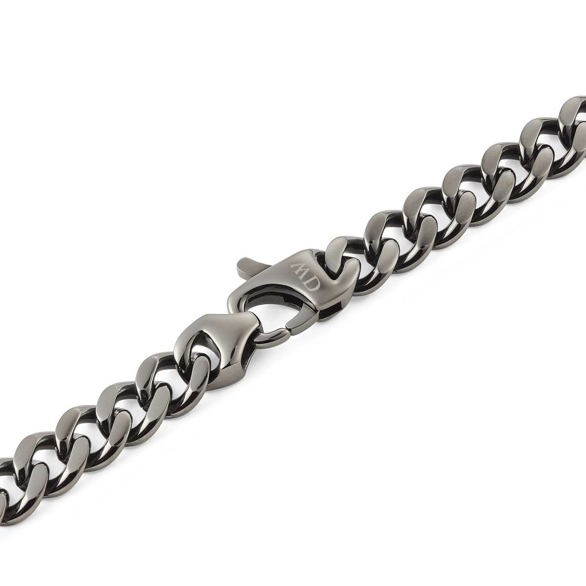 Detail of the Ellipse Cuban Chain Necklace Graphite showing the robust lobster clasp and chunky Cuban links in a matte graphite finish.