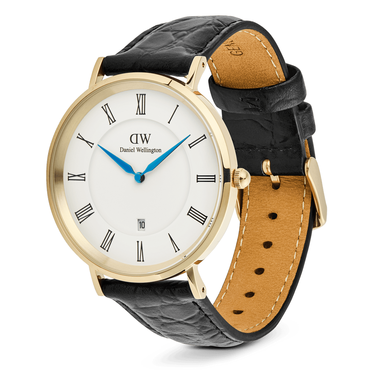 Daniel Wellington Classic Roman Numerals Date Black Croc Belly Gold men’s watch with a gold PVD-plated case, white dial, black Roman numerals, blue hands, date display, and a black croc-embossed genuine leather strap.