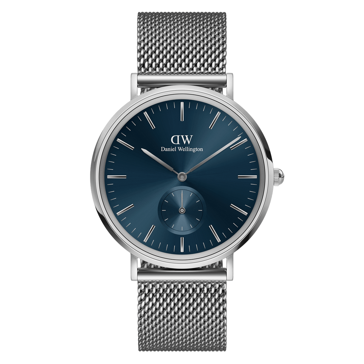 Classic Multi-Eye Sterling Arctic men's watch with a deep blue dial, minimalist silver hour markers, and an adjustable silver mesh strap, featuring a multi-eye chronograph and a round stainless steel case.