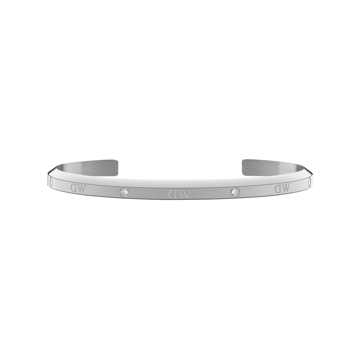 Slim silver cuff bracelet with a polished finish, featuring six sparkling crystals evenly spaced along the surface and an open design suitable for small wrists.