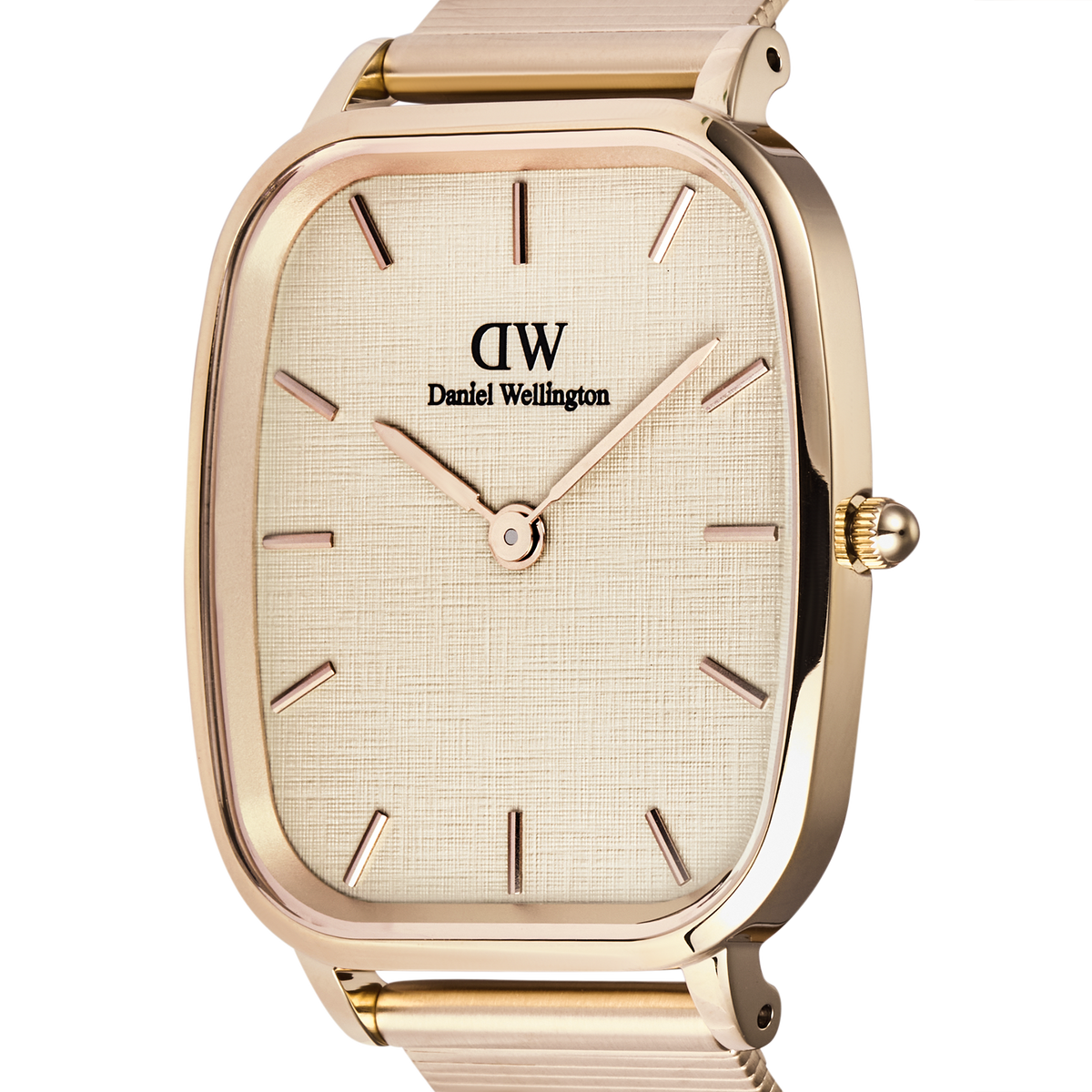Close-up of the Marlon Wire Linen Rose Gold watch showing the linen-textured soft yellow dial, minimalist hour markers, and polished rectangular rose gold case.