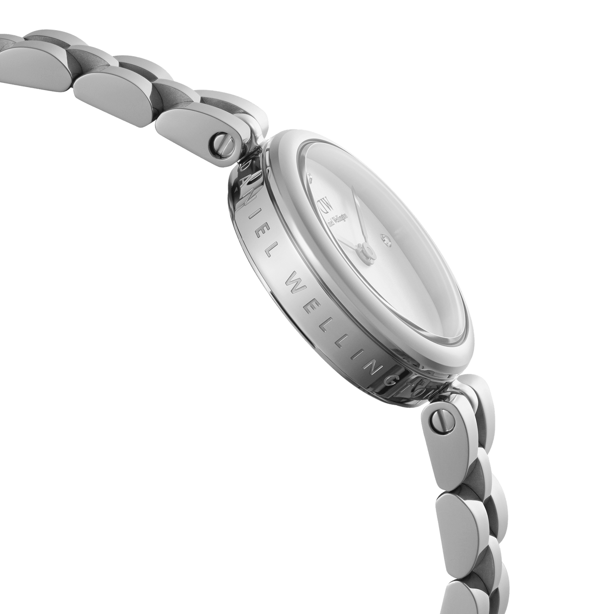Side view of the Elan Lumine Silver ladies watch, showcasing the engraved stainless steel case, three-link bracelet, and minimalist crystal dial.
