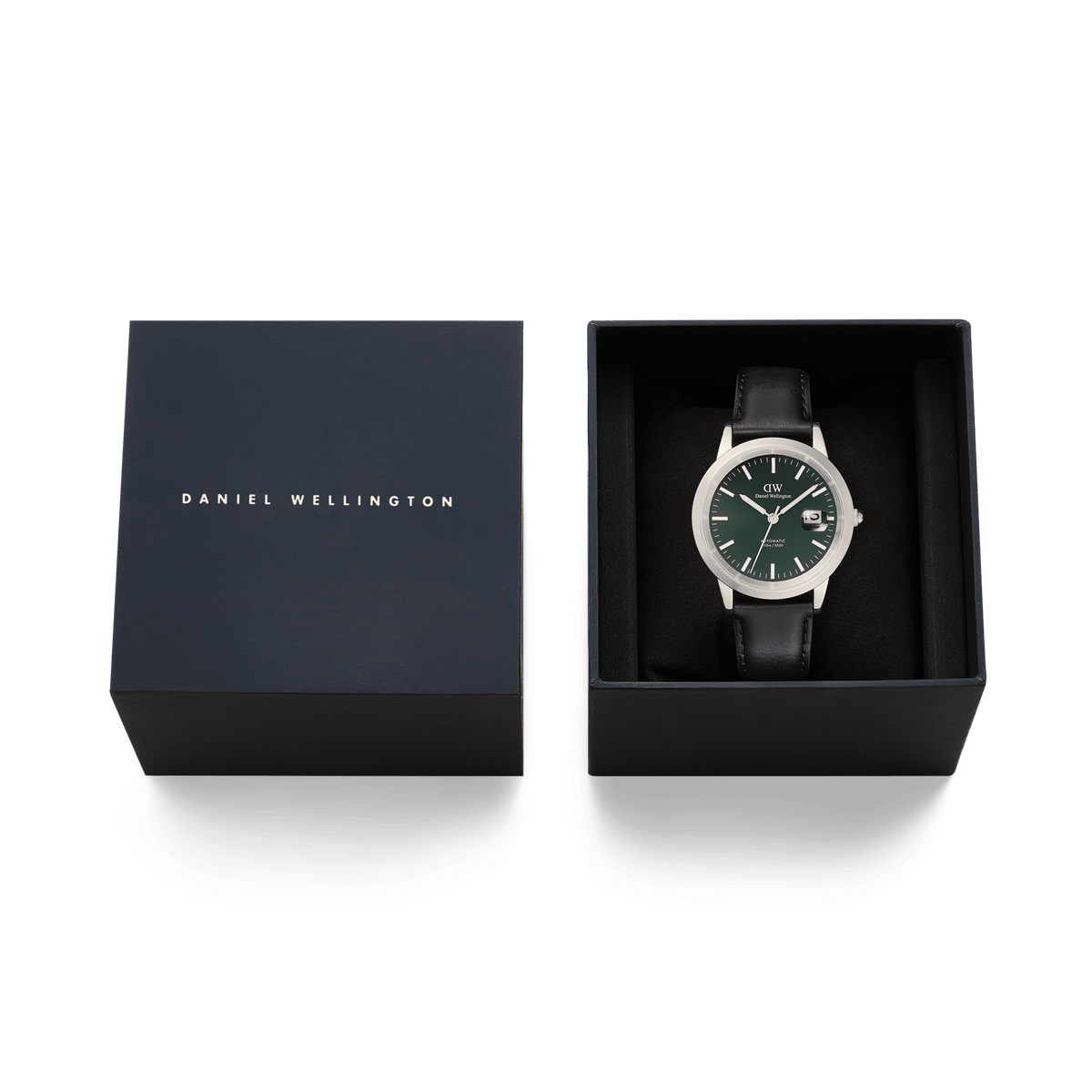 Iconic Sheffield Automatic Silver men's watch with a green enamel dial and black leather strap, presented in a Daniel Wellington branded gift box.
