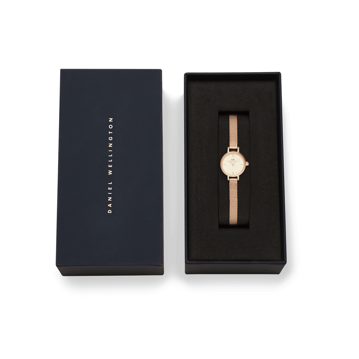 Petite Mini Champagne Melrose watch with a champagne dial and rose gold mesh strap, elegantly presented in a branded Daniel Wellington gift box.