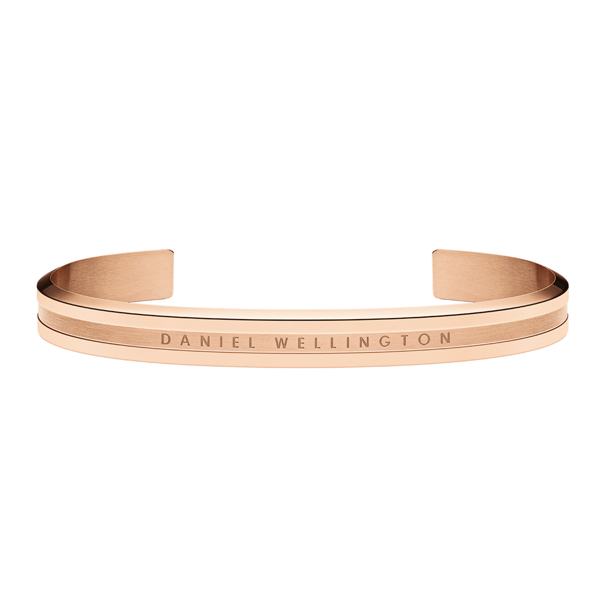 Rose gold Elan Bracelet with a sleek open cuff design, engraved Daniel Wellington logo, and polished finish, ideal for layering or everyday wear.