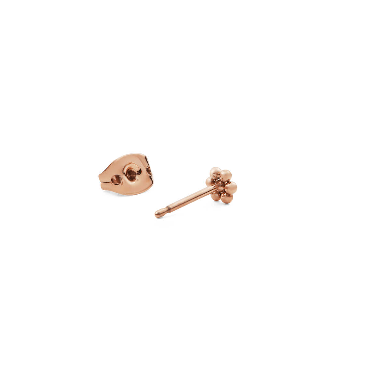Flower Stud Rose Gold earring and backing, showing the petite floral design and smooth rose gold finish ideal for sensitive ears and comfortable daily wear.