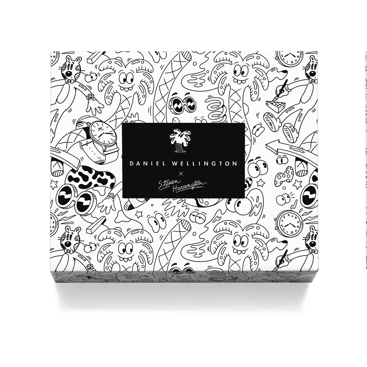 Limited edition Daniel Wellington x Steven Harrington Combo Box featuring playful black and white illustrated packaging with signature artwork and lively palm tree motifs.