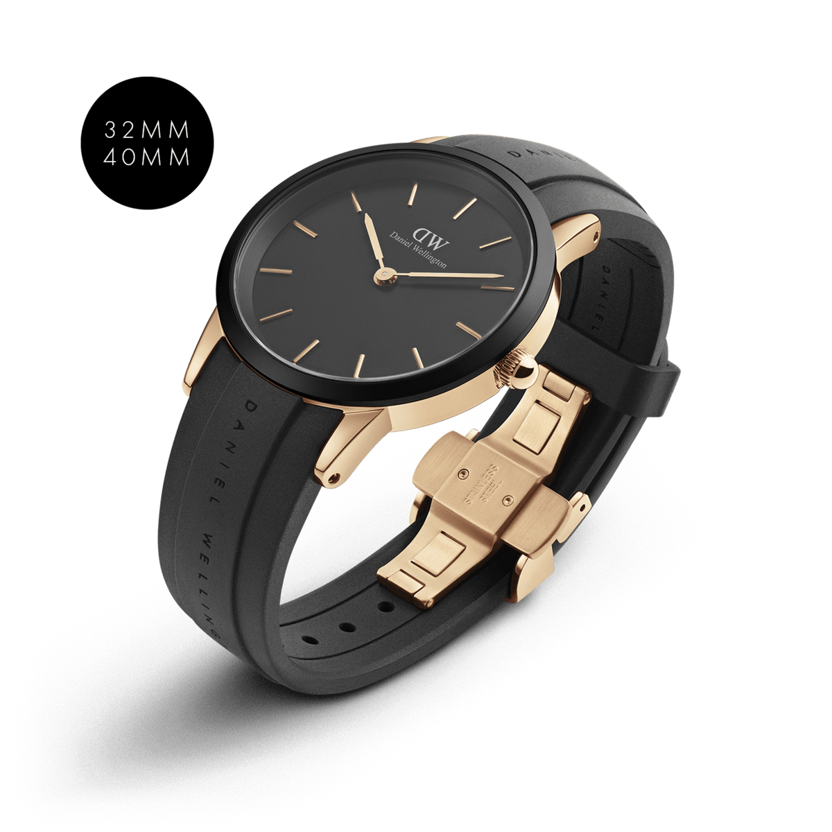 Daniel Wellington Iconic Motion Rose Gold watch in 32mm and 40mm sizes, featuring a rose gold stainless steel case, minimalist black dial with rose gold markers, and a black FKM rubber strap with a butterfly clasp.