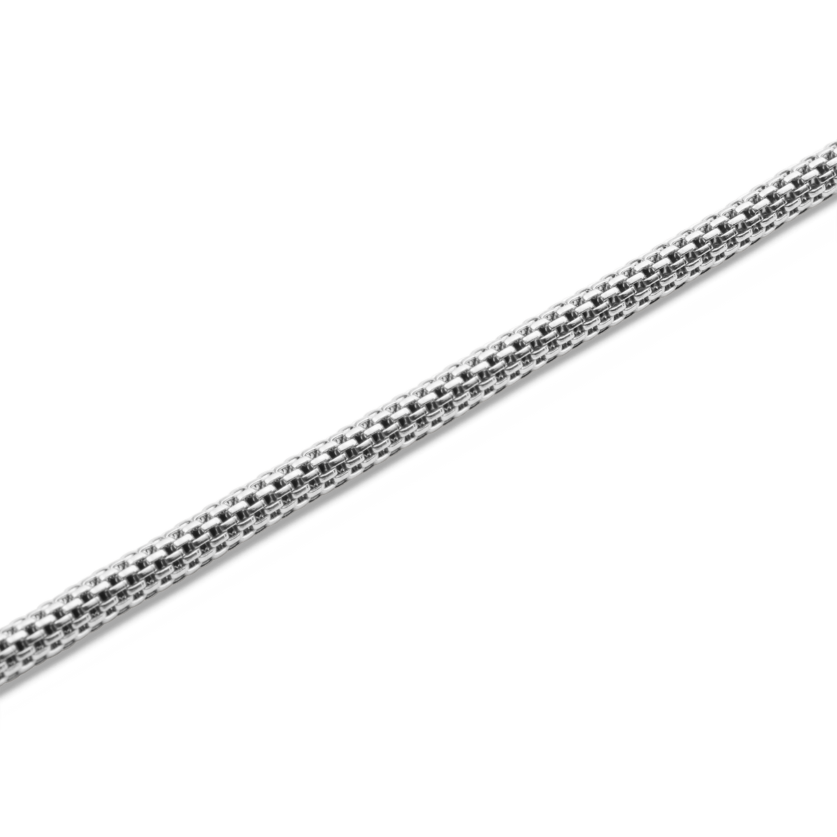 Close-up of the Tide Mesh Necklace Silver 2.8 showing the bold, polished silver mesh chain with fine, interlocking links and a smooth, modern finish.