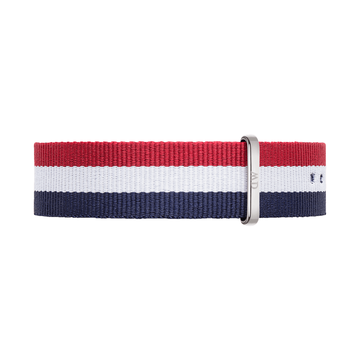 Cambridge Strap Silver showcases a 20mm NATO watch strap with vibrant red, white, and blue stripes, finished with a sleek silver buckle and made from durable polyester.