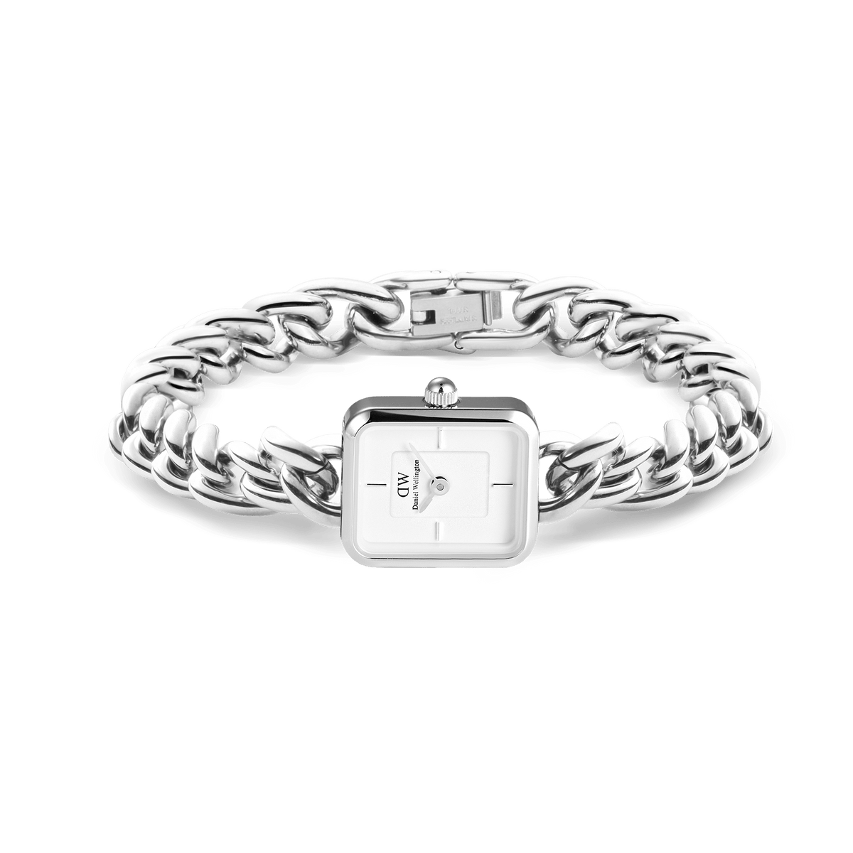 Jolie Chain Silver ladies watch with a chunky polished silver chain bracelet, petite square white dial, and foldover clasp, shown laid flat to highlight its modern, jewellery-inspired design.