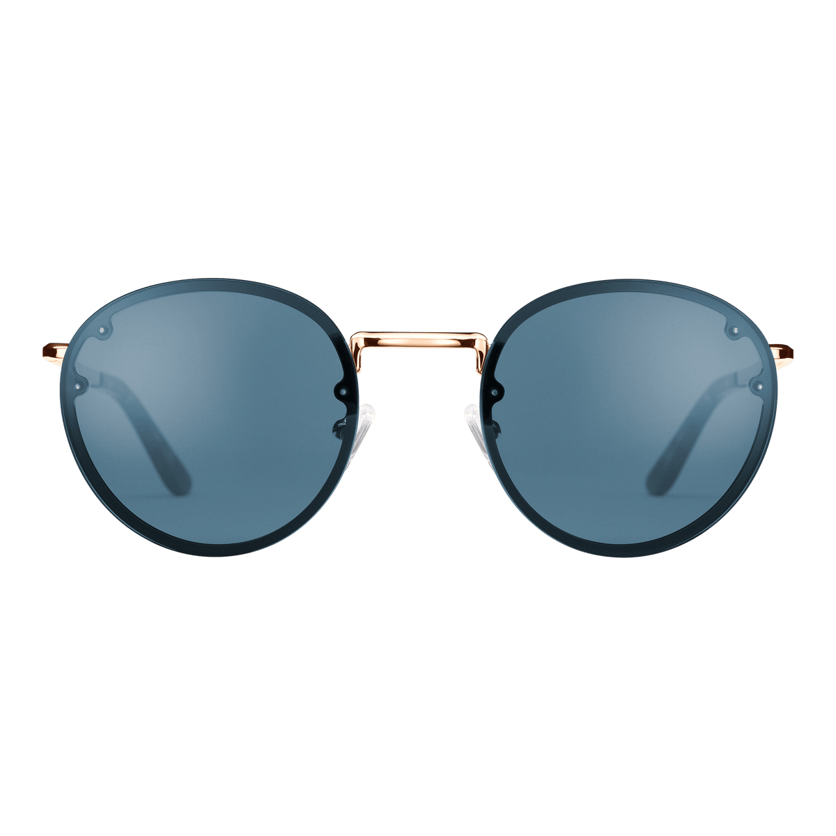 Arch Steel Blue Rose Gold sunglasses with round blue UV400 nylon lenses and a minimalist rose gold plated stainless steel frame, shown from the front.