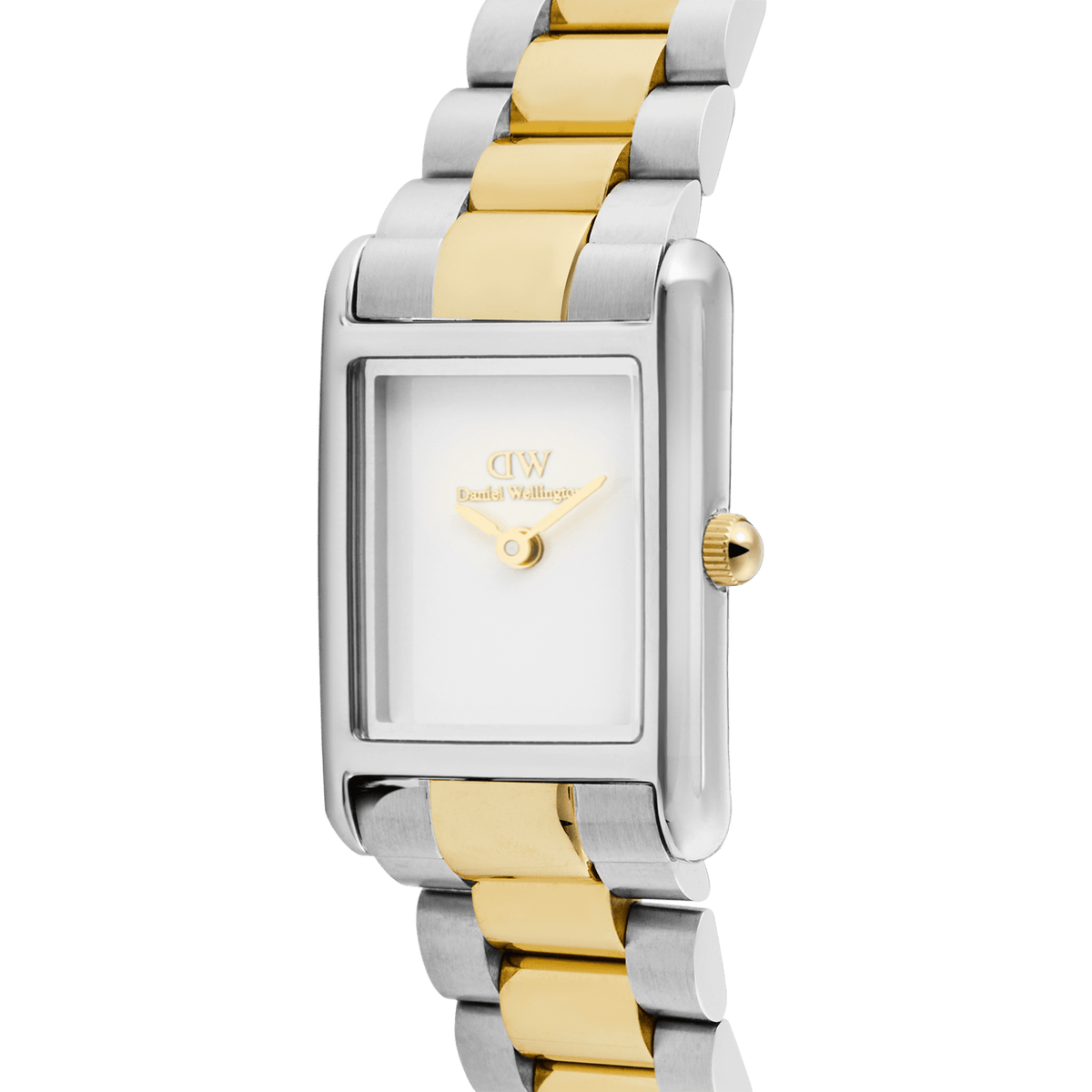 Close-up of the Bound Mini 3-Link Two Tone Gold watch showing its rectangular white dial, gold crown, and polished gold and silver 3-link bracelet, highlighting the minimalist design and quality finish.