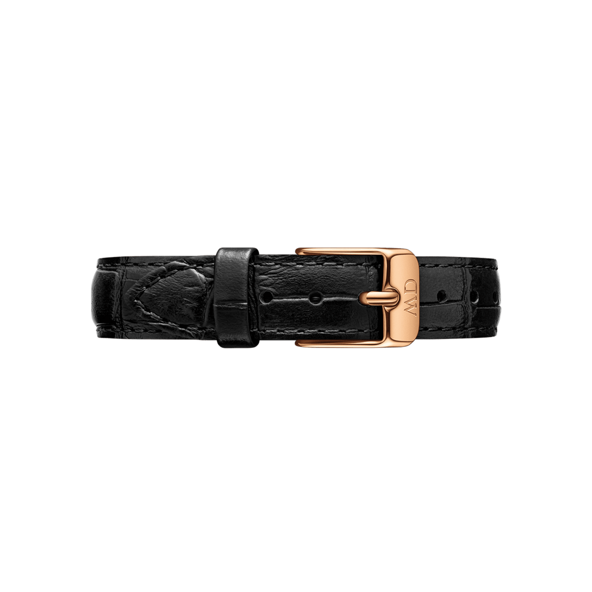 Reading Strap Rose Gold in black pressed croc leather with a rose gold buckle, featuring fine stitching and a textured finish for a classic, elegant look.