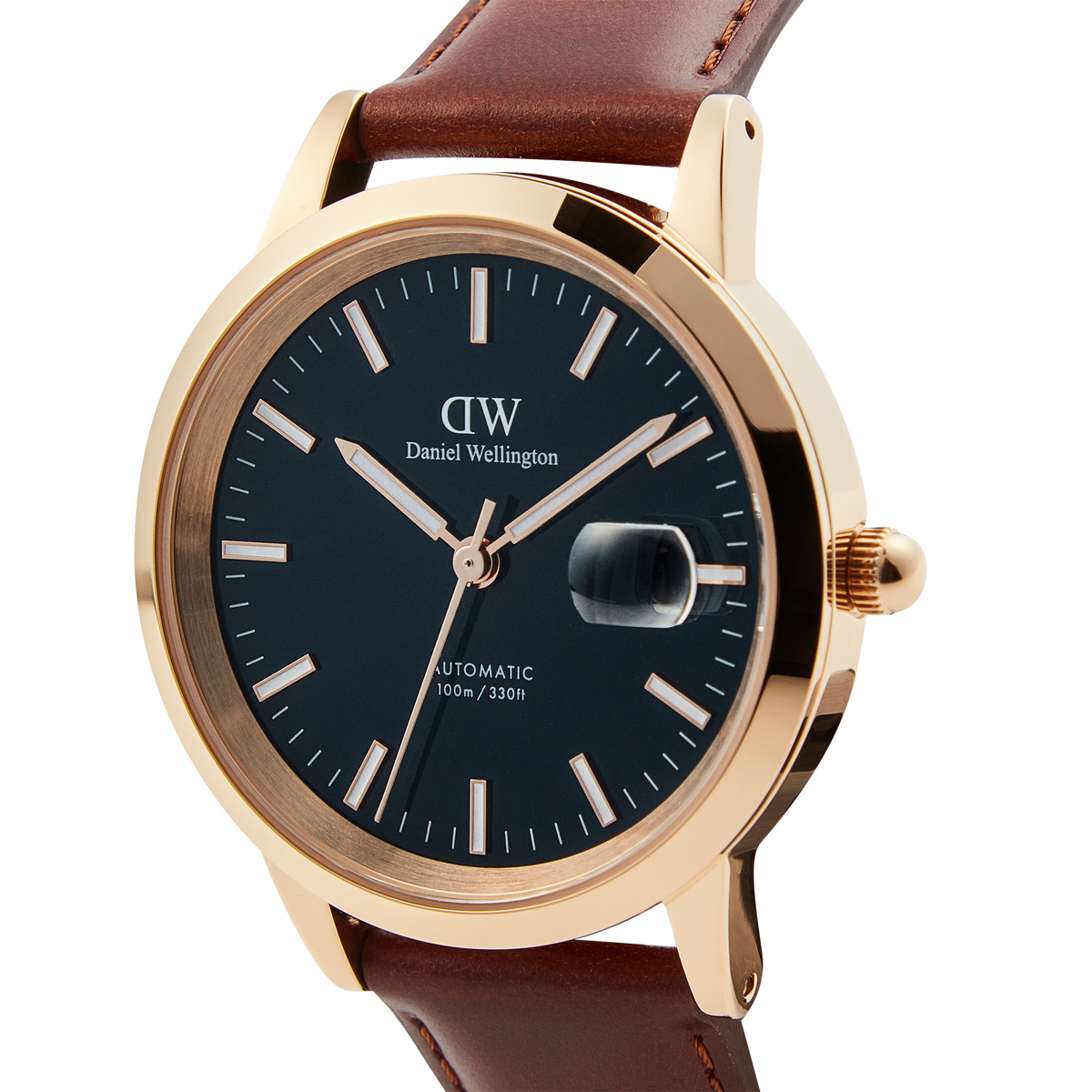 Close-up of the Iconic St Mawes Automatic Rose Gold watch, showcasing its blue enamel dial, rose gold-plated stainless steel case, and brown Italian leather strap with luminous markers and date window.
