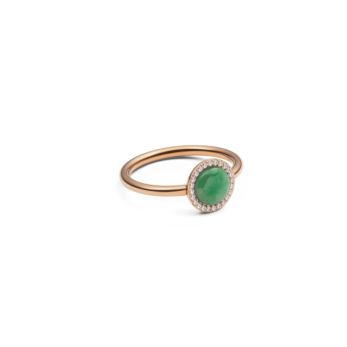 Audrey Ring Jade Rose Gold with a polished rose gold band, featuring a domed green jade stone encircled by a halo of white cubic zirconia for a refined, modern look.