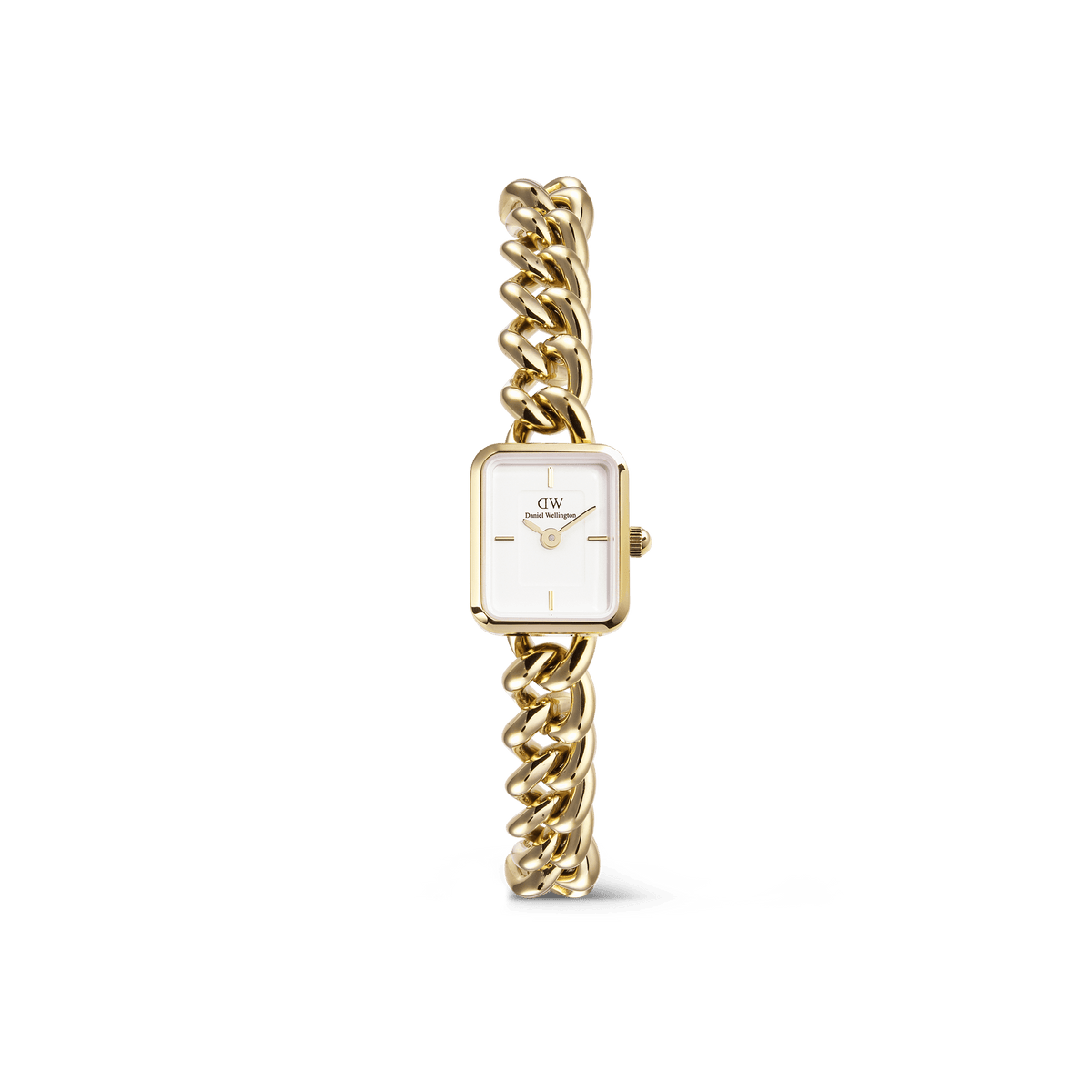 Jolie Chain Gold ladies watch featuring a chunky gold chain bracelet, a petite square white dial, and a minimalist design, ideal for everyday wear or stacking with other jewellery.