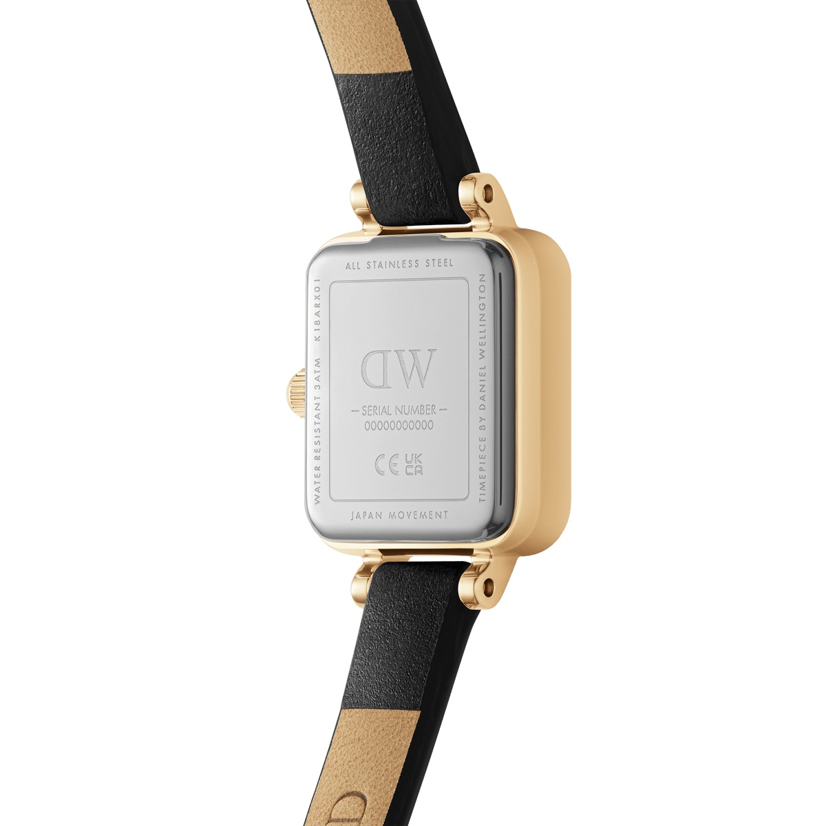 Rear view of the Quadro Mini Sheffield Gold watch showing its stainless steel case back, gold-tone edges, and genuine black leather strap with beige lining.