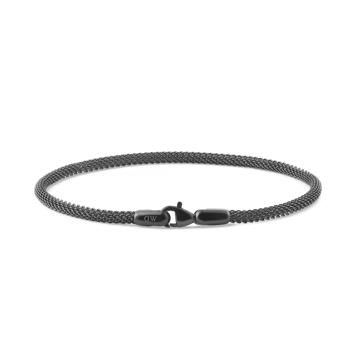 Slim graphite mesh bracelet with a secure lobster clasp, crafted from high quality stainless steel and featuring a minimalist, contemporary design suitable for both men and women.
