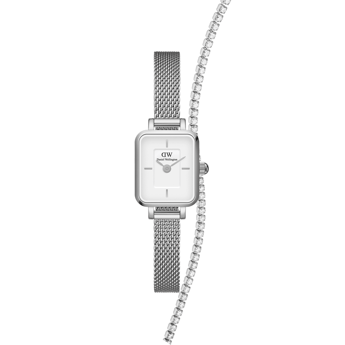 Silver rectangular Quadro Mini watch with a white dial and mesh strap, paired with a delicate tennis bracelet featuring sparkling stones, designed for women seeking timeless elegance and versatile styling.