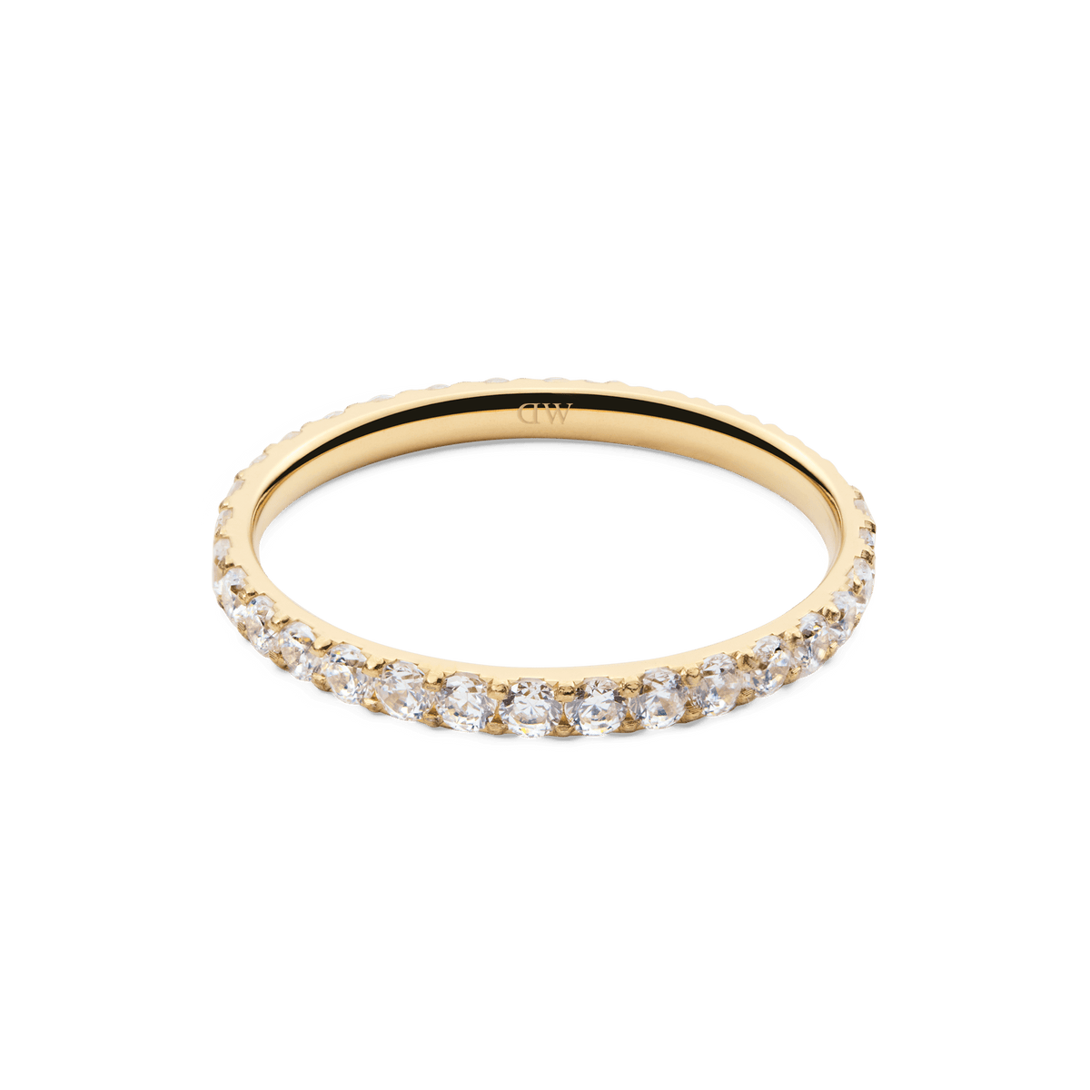 Mirelle Eternity Ring Gold 2mm with a slim gold band, fully set with sparkling white cubic zirconia crystals for a refined, minimalist look.