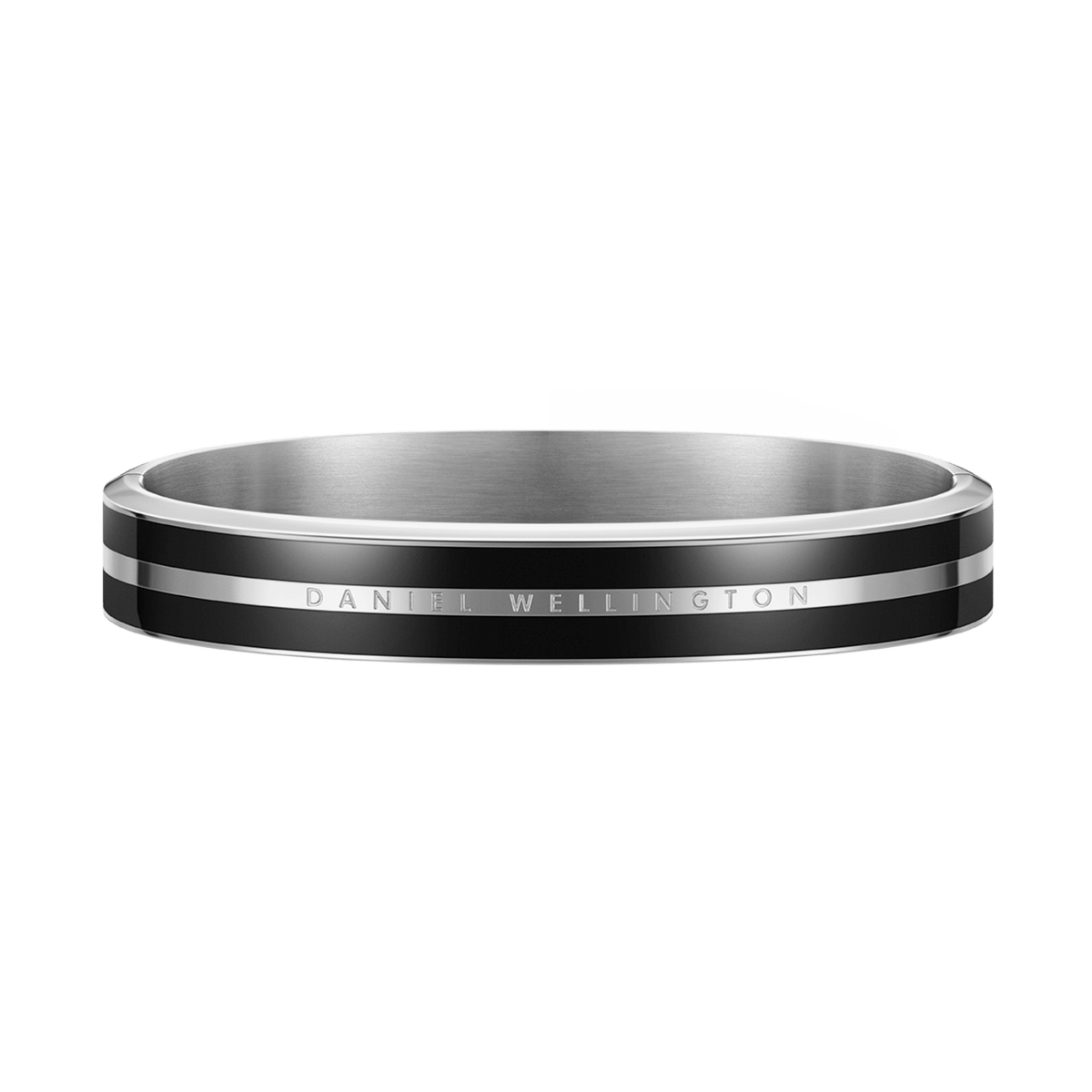 Emalie Infinite Silver Black bracelet with a classic silver stainless steel band and deep black enamel ribbon, featuring minimalist engraved detailing for a versatile and elegant look.