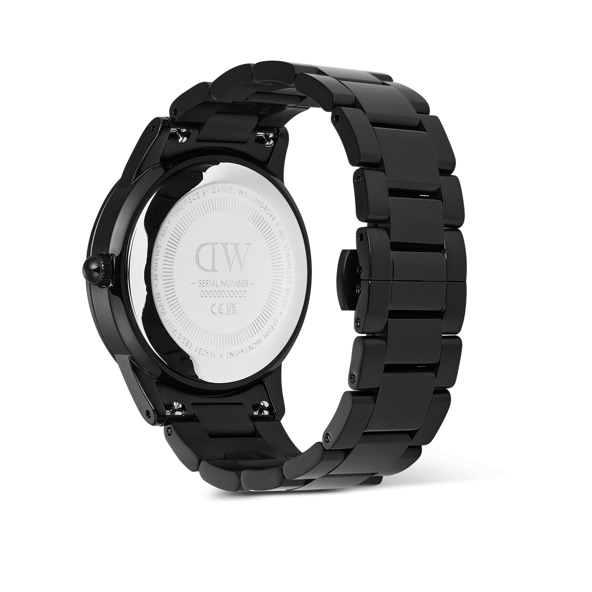 Back view of the Iconic Paradigma Link Black watch showing the engraved stainless steel case back, robust black three-link bracelet, and secure butterfly clasp.