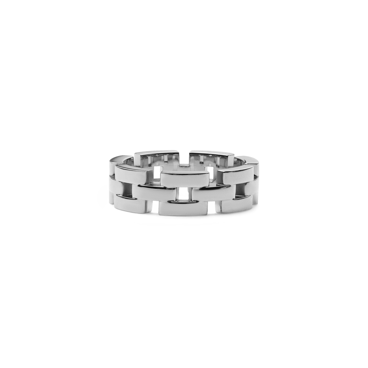 3-Link Ring Silver with a bold geometric link pattern and a polished stainless steel finish, designed for a modern and minimalist jewellery style.