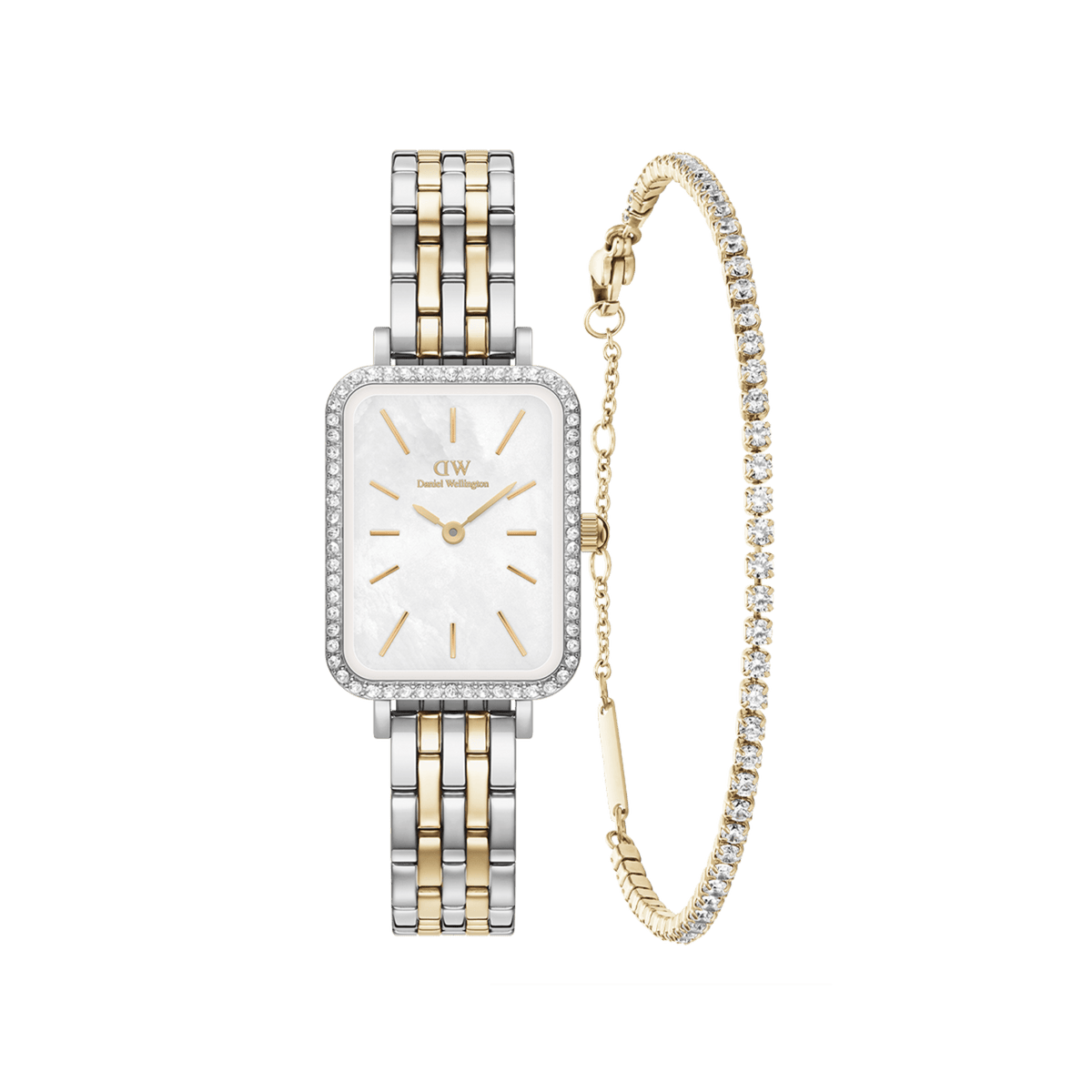 Rectangular Daniel Wellington watch with a mother-of-pearl dial, sparkling bezel, and two-tone gold and silver link bracelet, paired with a gold tennis bracelet featuring a row of shimmering stones.