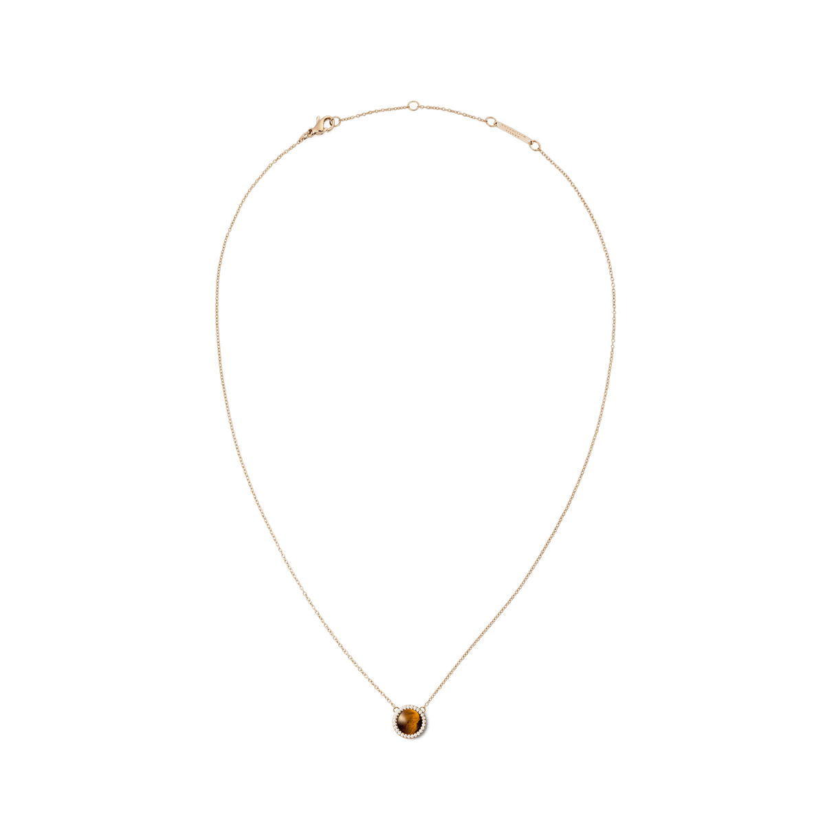 Rose gold necklace featuring a delicate chain and a round tiger eye pendant encircled by white cubic zirconia crystals, offering a refined and minimalistic look.