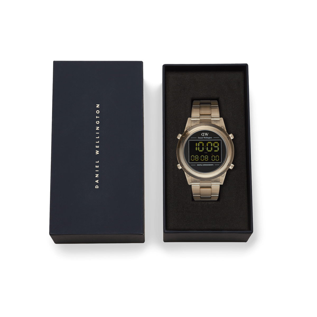 Daniel Wellington Retro Digital Dark Brown Dark Brown watch displayed in its branded box, featuring a transparent dark brown link strap and digital chronograph dial, ideal for gifting or collection.