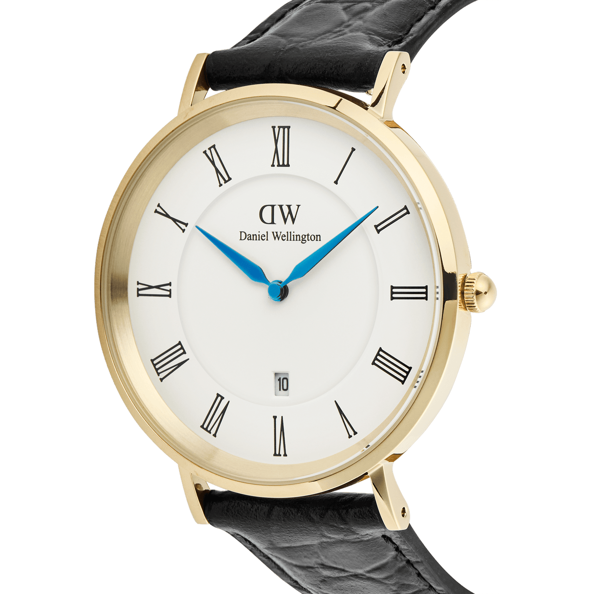 Daniel Wellington Classic Roman Numerals Date Black Croc Belly Gold men’s watch with a gold case, white dial, black Roman numerals, blue hands, date window, and a black croc-embossed leather strap.