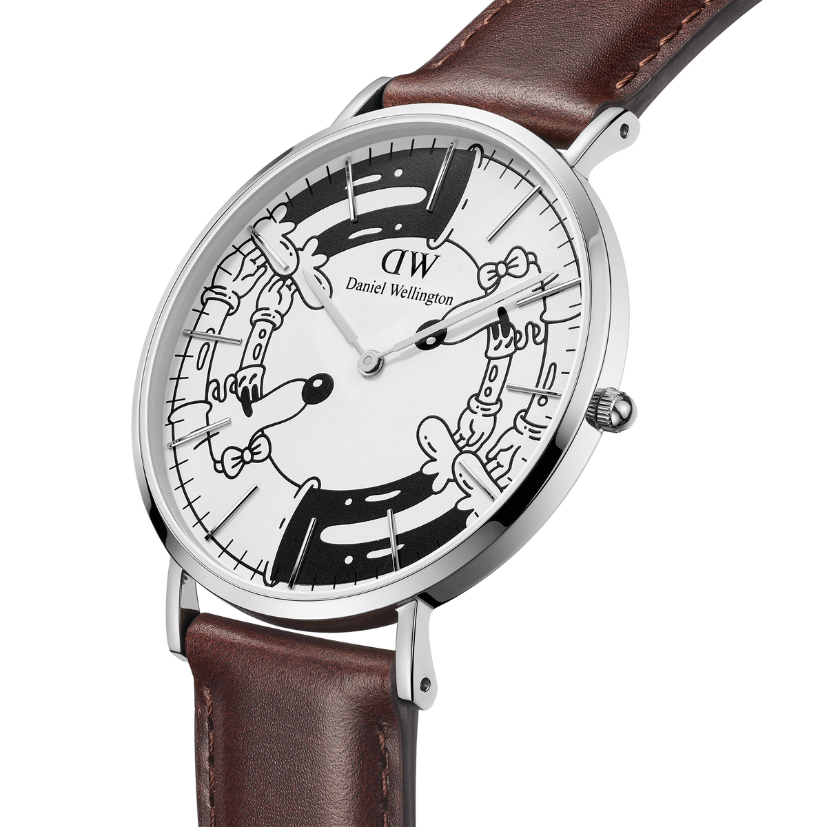 Steven Harrington x Daniel Wellington Bristol BW dial & Strap Silver watch featuring a creative black and white illustrated dial, silver case, and classic brown leather strap.