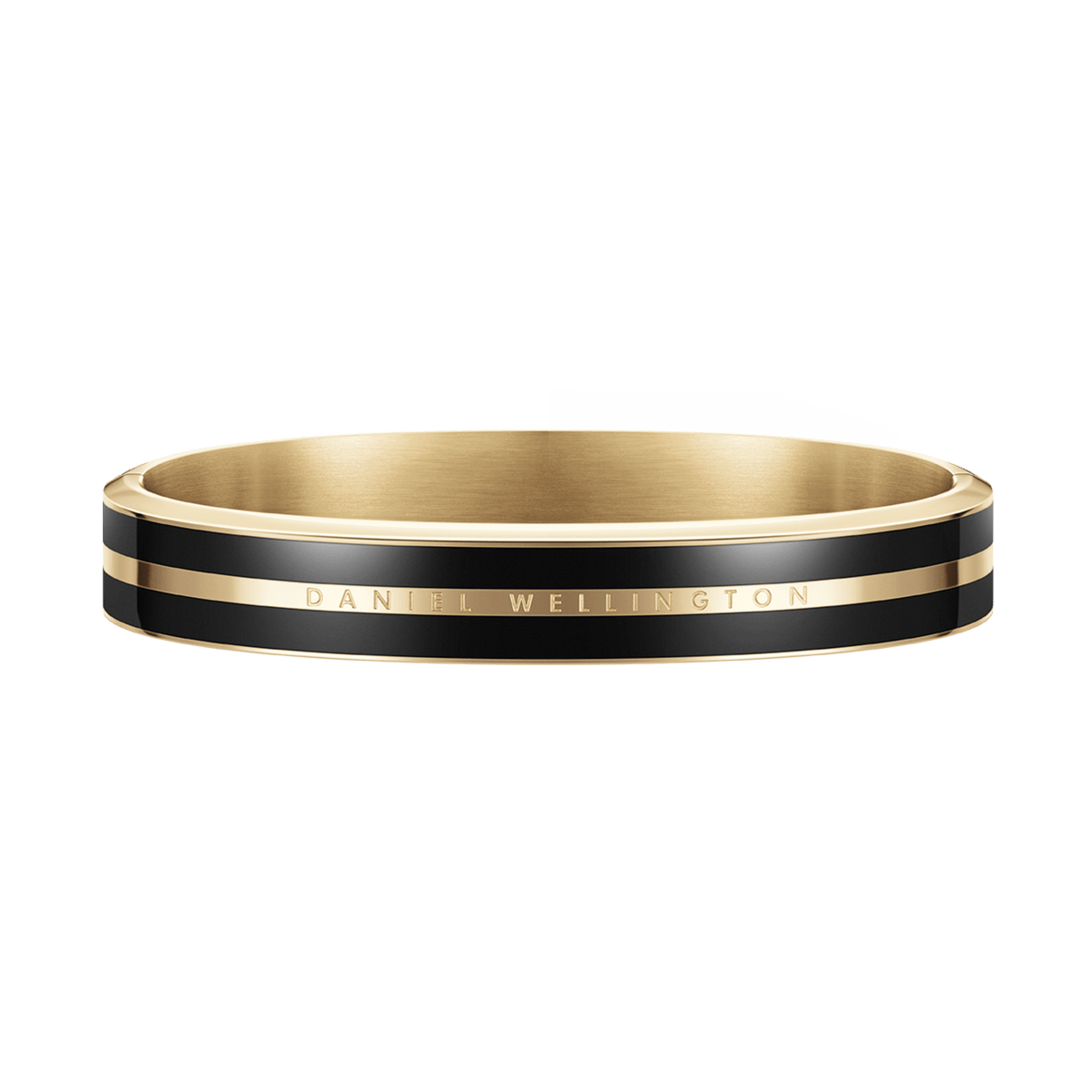 Classic Emalie Infinite Gold Black bracelet with polished gold finish, deep black enamel detailing, and subtle Daniel Wellington branding, ideal for pairing with watches or other jewellery.