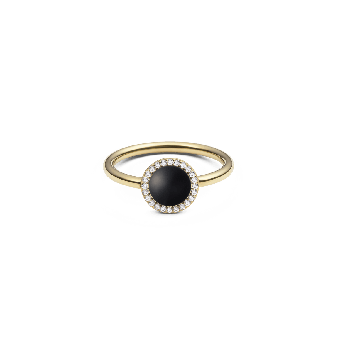 Audrey Ring Black Agathe Gold with a slim gold band, featuring a domed black agate centrepiece framed by a halo of sparkling white cubic zirconia crystals.