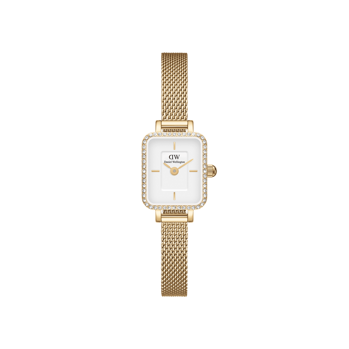 Quadro Mini Lumine Bezel Gold ladies watch with a rectangular white dial, crystal-set bezel, and a slim gold mesh strap, designed for everyday elegance and comfortable wear.