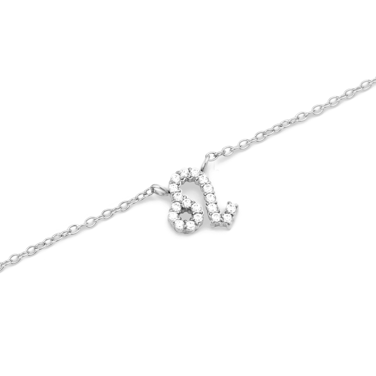 Close-up of the Crystal Zodiac Chain Necklace Silver with a Leo zodiac pendant, featuring hand-set sparkling crystals on a fine silver chain.