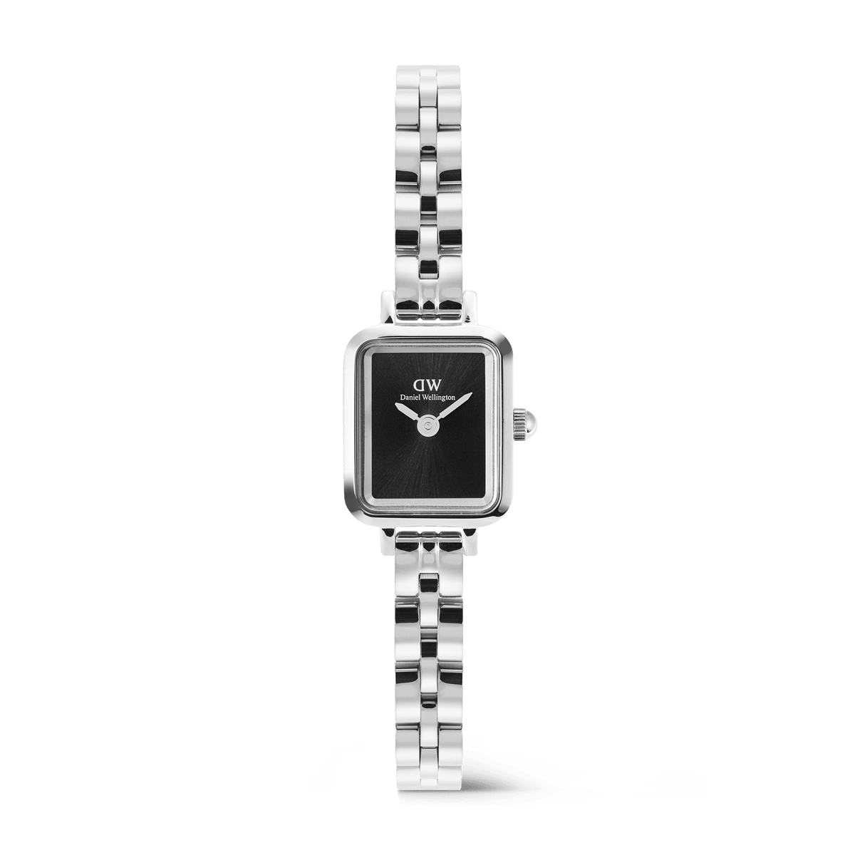 Quadro Mini Arch 3-link Onyx Sunray Silver features a petite rectangular silver case, a slim three-link stainless steel bracelet, and a minimalist black sunray dial without indices, offering a refined and versatile accessory for women.
