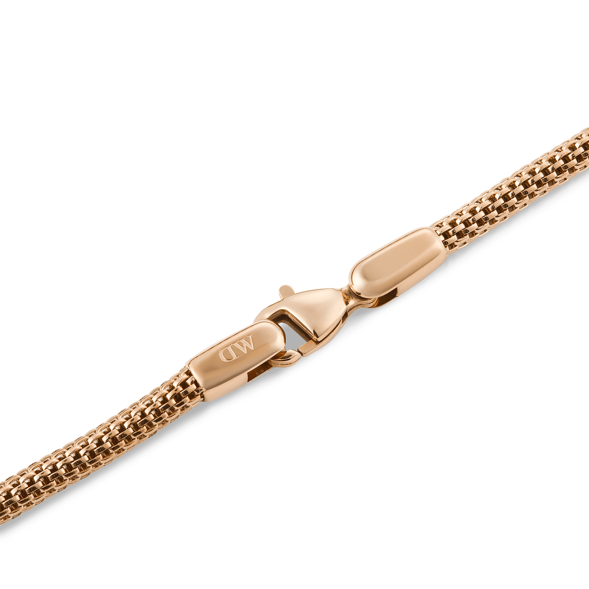 Close-up of the Tide Mesh Bracelet Melrose 2.8 showing its rose gold mesh band and secure lobster clasp, highlighting the fine texture and polished finish.