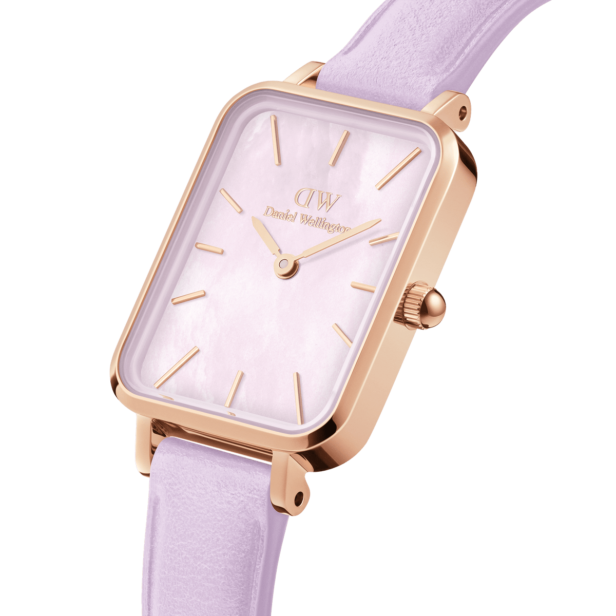 Close-up of the Quadro Lavender MOP Rose Gold ladies watch, showing its rose gold rectangular case, soft lavender mother of pearl dial, and pastel purple leather strap.